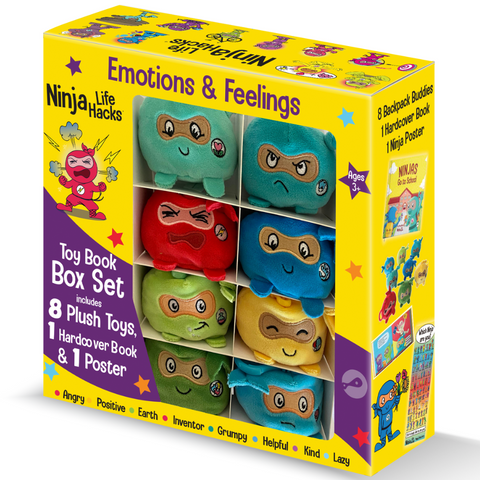 Ninja Life Hacks Emotions and Feelings Toy Book Box Gift Set (Plush Toys 1-8: Angry Ninja, Positive Ninja, Kind Ninja, Helpful Ninja, Inventor Ninja, Grumpy Ninja, Lazy Ninja, Earth Ninja)