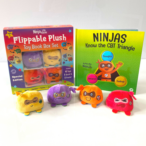 Ninja Life Hacks Flippable Toy CBT Book Box Gift Set w/ CBT Triangle Poster(Angry Ninja + Positive Ninja, Nervous + Calm Ninja, Anxious + Brave Ninja, Thinking + Impulsive Ninja)