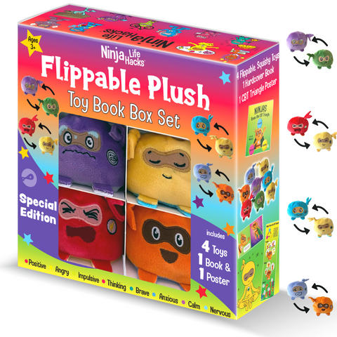 Ninja Life Hacks Flippable Toy CBT Book Box Gift Set w/ CBT Triangle Poster(Angry Ninja + Positive Ninja, Nervous + Calm Ninja, Anxious + Brave Ninja, Thinking + Impulsive Ninja)